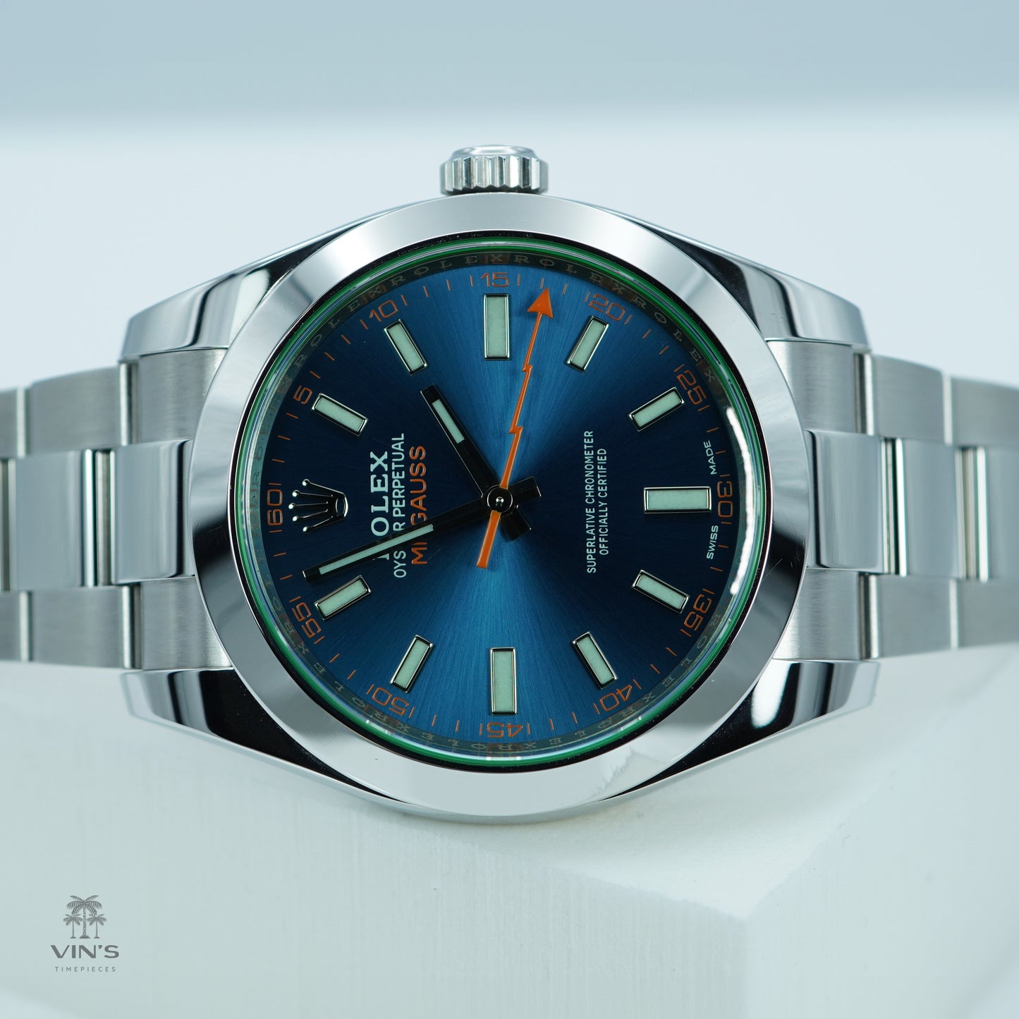 Rolex 116400GV Milgauss Green Crystal Z Blue Dial 2019
