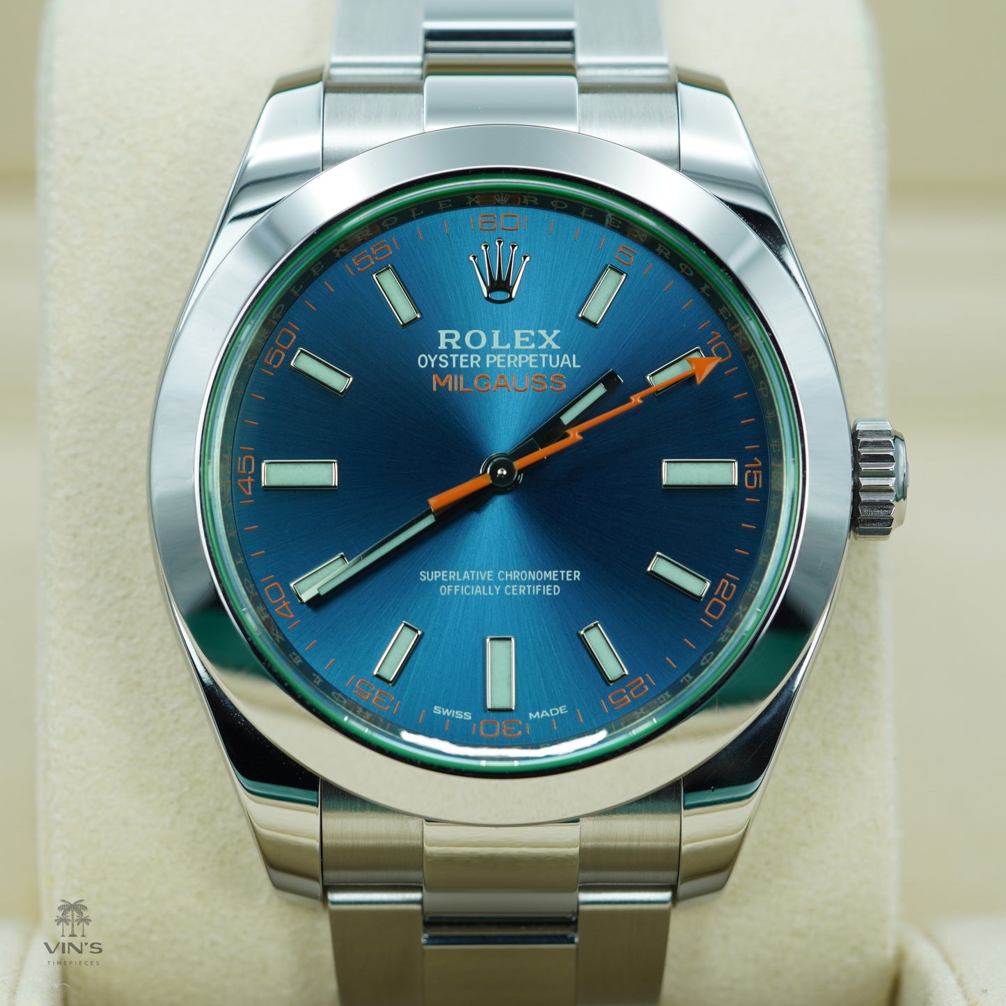 Rolex 116400GV Milgauss Green Crystal Z Blue Dial 2019