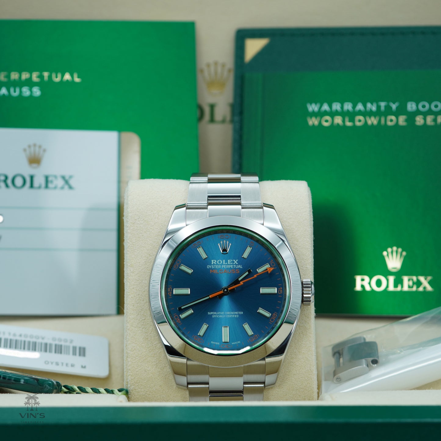 Rolex 116400GV Milgauss Green Crystal Z Blue Dial 2019