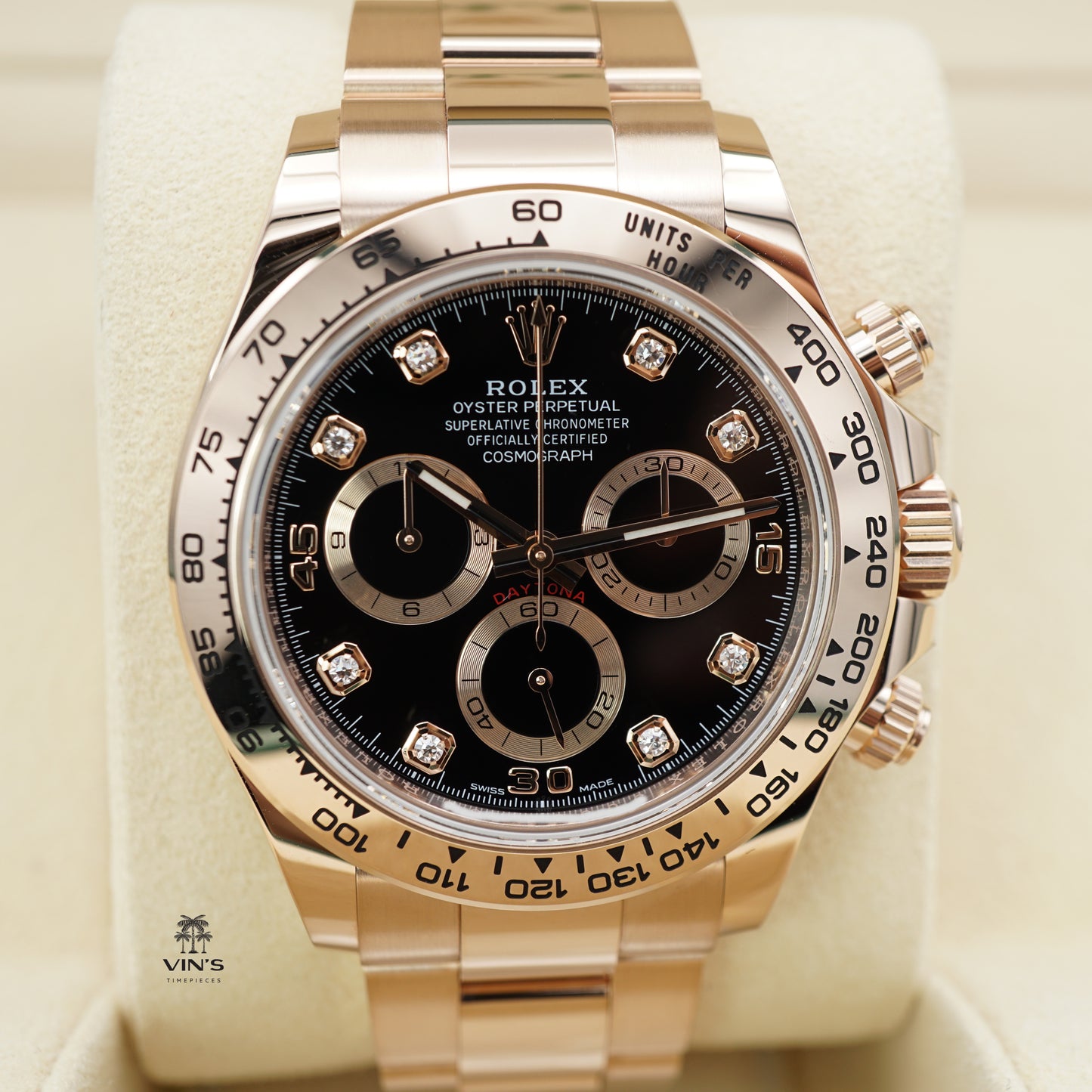 Rolex 116505 Cosmograph Daytona Vàng Hồng 18K Mặt Số Đen Đính Kim Cương 2023
